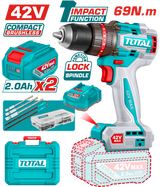 Masina de gaurit cu percutie TOTAL 42V, brushless, 69 Nm, mandrina metalica 13 mm, cu 47 accesorii, 2 acumulatori 2.0Ah si incarcator