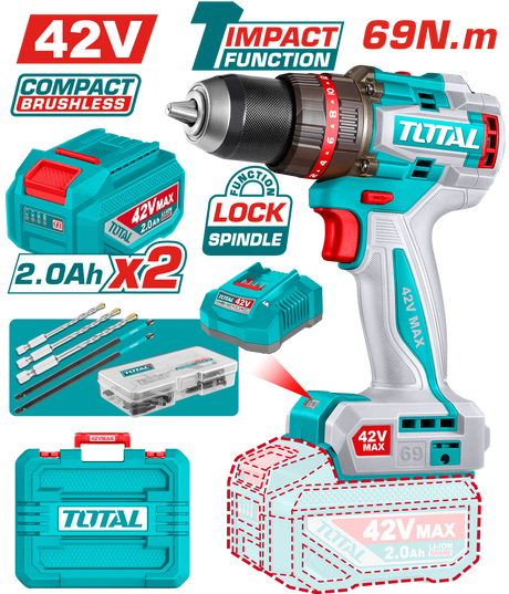 Scule TOTAL, Masina de gaurit cu percutie TOTAL 42V, brushless, 69 Nm, mandrina metalica 13 mm, cu 47 accesorii, 2 acumulatori 2.0Ah si incarcator, 2, atomico.ro