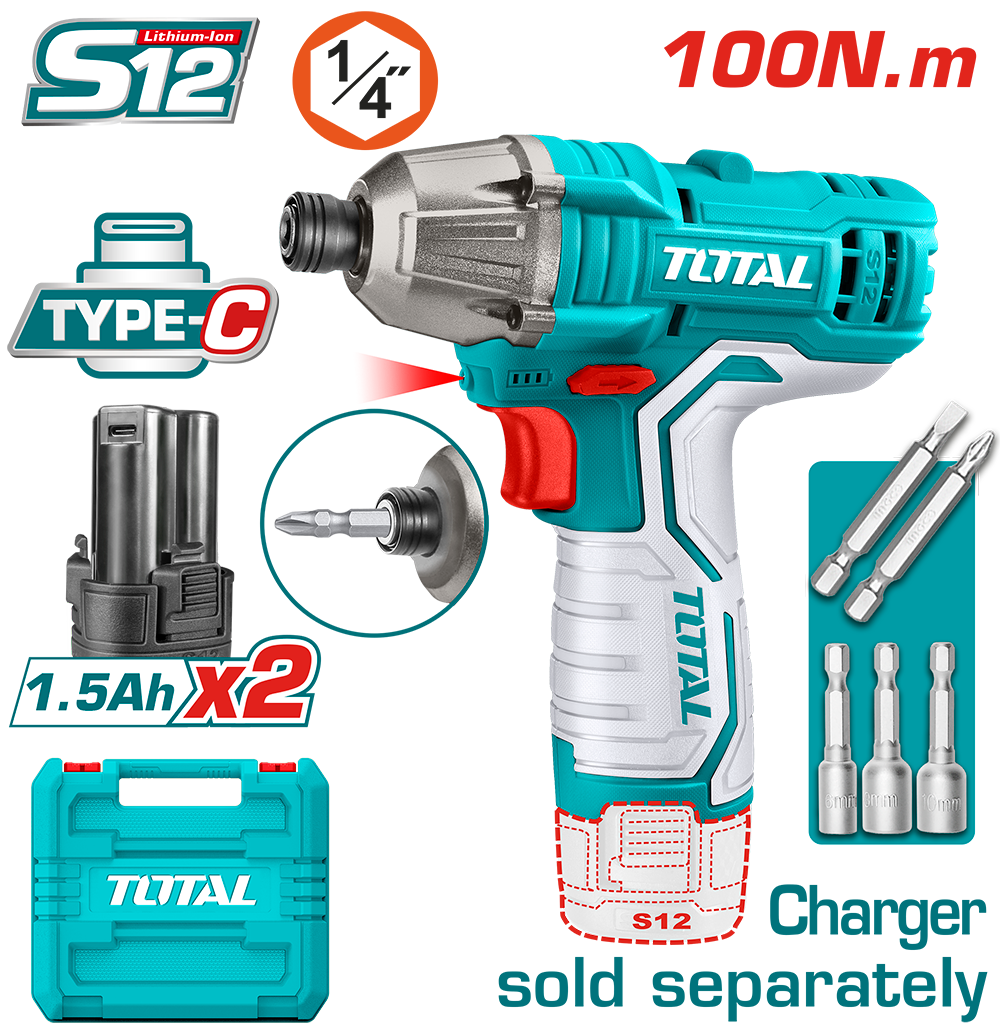 Masina de insurubat cu impact TOTAL, acumulator 12V-1.5Ah Li-Ion, HEX 1/4" (include 2 acumulatori), 2, atomico.ro