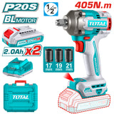 Masina de insurubat cu impact TOTAL 20V Li-Ion, 1/2", motor fara perii, 405 Nm (INCLUDE 2 ACUMULATORI,1 INCARCATOR)