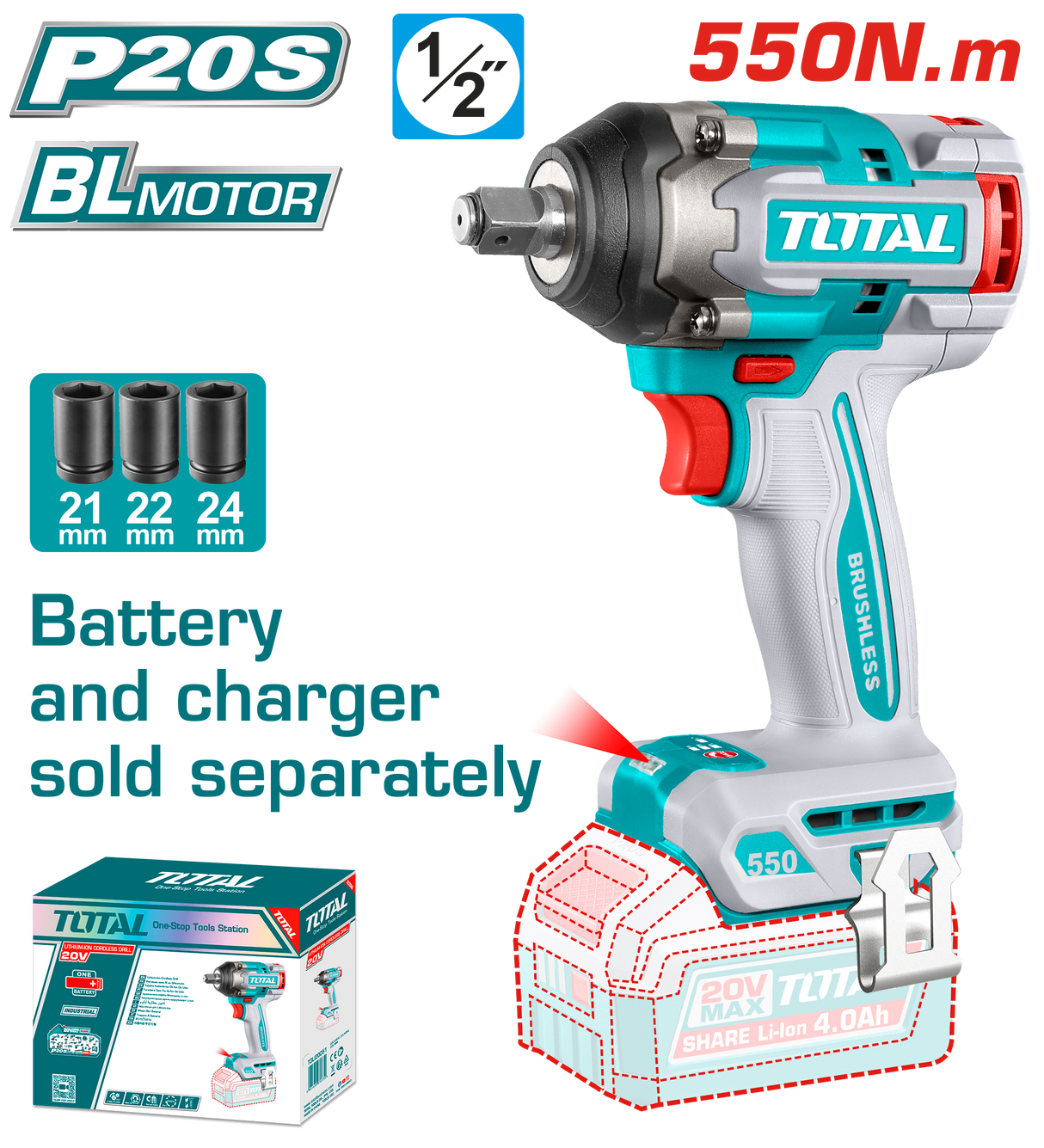 Masina de insurubat cu impact pe acumulator TOTAL, 20V, prindere patrata 1/2", cuplu strangere 550V, 2500rpm, 3500bpm, fara acumulator si incarcator, 1, atomico.ro