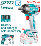 Masina de insurubat cu impact pe acumulator TOTAL, 20V, prindere patrata 1/2", cuplu strangere 550V, 2500rpm, 3500bpm, fara acumulator si incarcator