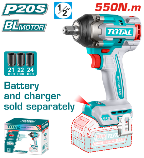 Toate produsele, Masina de insurubat cu impact pe acumulator TOTAL, 20V, prindere patrata 1/2", cuplu strangere 550V, 2500rpm, 3500bpm, fara acumulator si incarcator, 1, atomico.ro