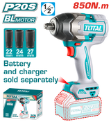 Masina de insurubat cu impact TOTAL, 20V, 850Nm, motor fara perii (nu include acumulator), tractiune patrata 1/2”