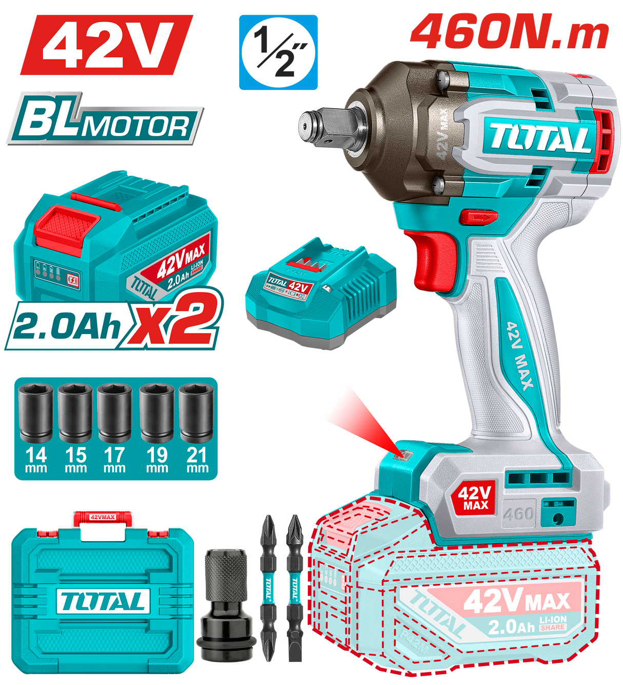 Masina de insurubat cu impact TOTAL 42V, 1/2”, 460 Nm, brushless, cu 2 acumulatori 2.0Ah si incarcator, 1, atomico.ro