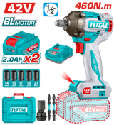 Masina de insurubat cu impact TOTAL 42V, 1/2”, 460 Nm, brushless, cu 2 acumulatori 2.0Ah si incarcator