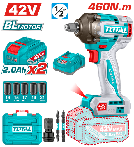 Scule TOTAL, Masina de insurubat cu impact TOTAL 42V, 1/2”, 460 Nm, brushless, cu 2 acumulatori 2.0Ah si incarcator, 1, atomico.ro
