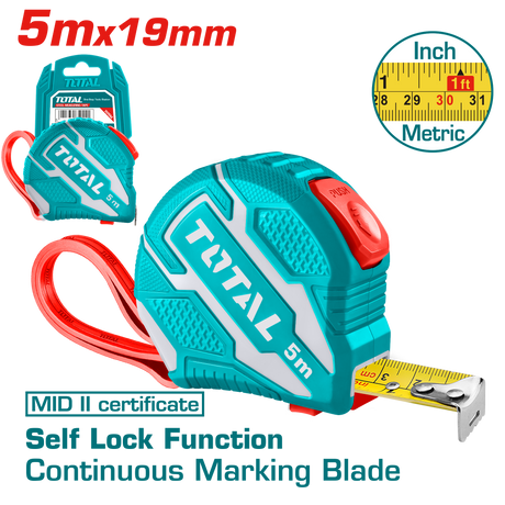 Rulete si telemetre, Ruleta TOTAL 5 m x 19 mm, 2 functii, blocare automata, MID II, atomico.ro