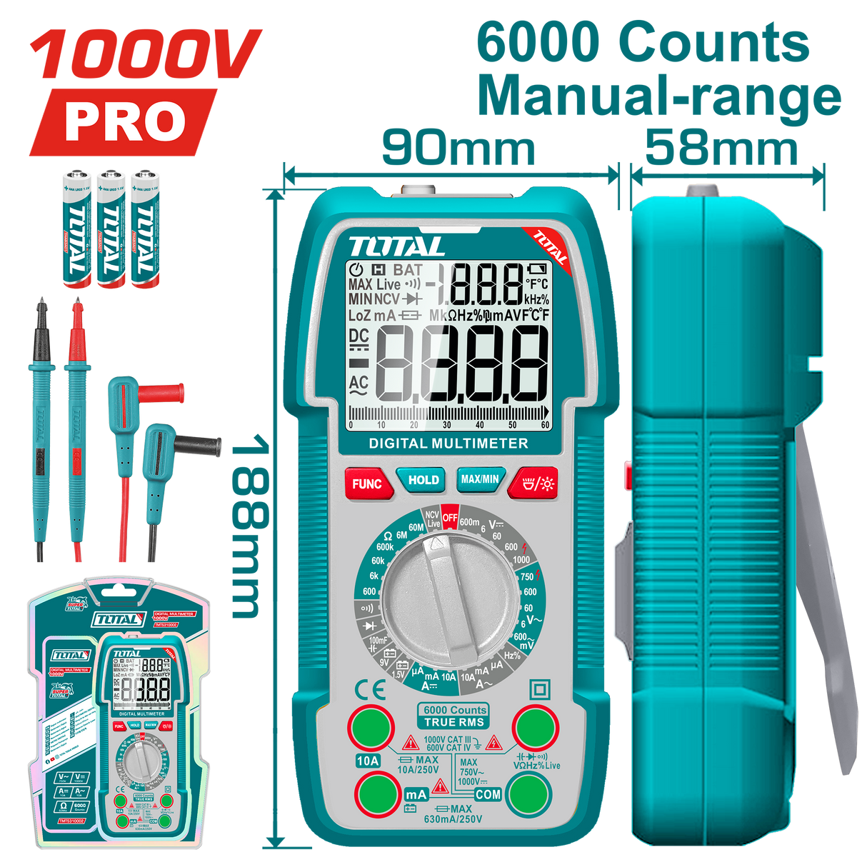Multimetru digital TOTAL True RMS 6000 counts, tensiune 1000V, curent 10A, NCV, capacitate si frecventa, 2, atomico.ro