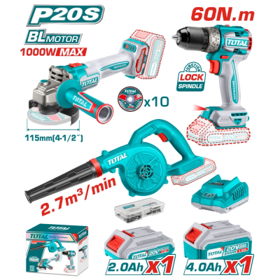 Kit Combo TOTAL 20V - Polizor unghiular, masina de gaurit, suflanta (include 2 acumulatori, 1 incarcator), 2, atomico.ro