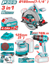 Kit Combo TOTAL 20V – Fierastrau circular, Slefuitor , Masina de gaurit cu percutie + 2 acumulatori 4.0Ah si incarcator