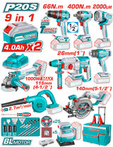 Kit Combo TOTAL 20V – Bormasina cu percutie, Masina de insurubat cu impact, Polizor unghiular, Ciocan rotopercutor, Fierastrau circular, Suflanta, Slefuitor, Pistol cu aer cald, Lampa de lucru pe acumulator - include 2 baterii, incarcator si accesorii