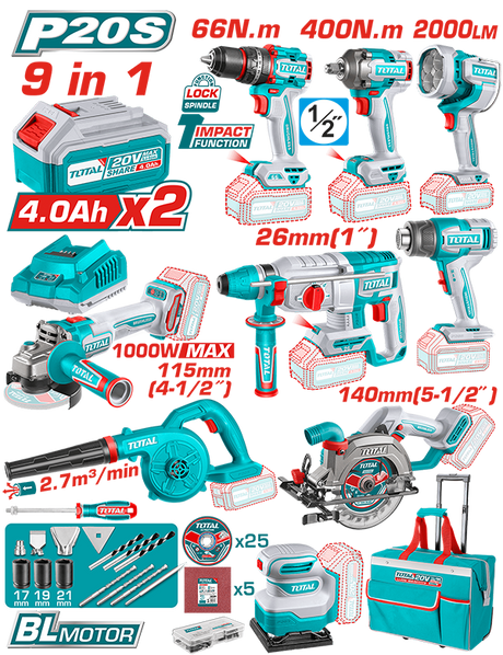 Ciocan Rotopercutor, Kit Combo TOTAL 20V – Bormasina cu percutie, Masina de insurubat cu impact, Polizor unghiular, Ciocan rotopercutor, Fierastrau circular, Suflanta, Slefuitor, Pistol cu aer cald, Lampa de lucru pe acumulator - include 2 baterii, incarcator si accesorii, atomico.ro