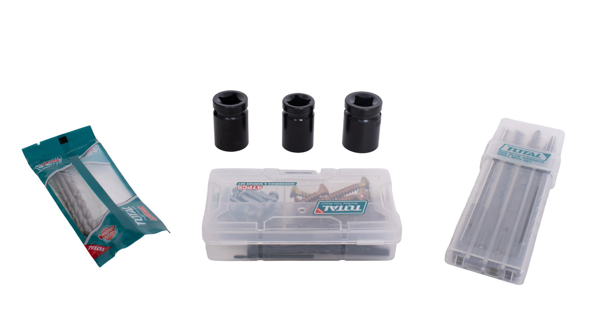 Kit Combo TOTAL 20V – Bormasina cu percutie, Masina de insurubat cu impact, Polizor unghiular, Ciocan rotopercutor, Fierastrau circular, Suflanta, Slefuitor, Pistol cu aer cald, Lampa de lucru pe acumulator - include 2 baterii, incarcator si accesorii, 19, atomico.ro