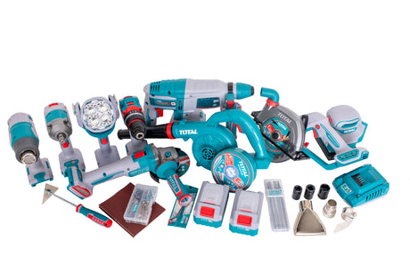 Unelte sezoniere, Kit Combo TOTAL 20V – Bormasina cu percutie, Masina de insurubat cu impact, Polizor unghiular, Ciocan rotopercutor, Fierastrau circular, Suflanta, Slefuitor, Pistol cu aer cald, Lampa de lucru pe acumulator - include 2 baterii, incarcator si accesorii, 1, atomico.ro