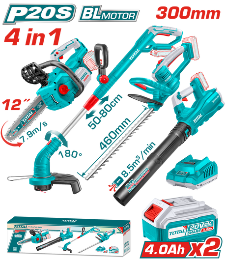 Foarfeci de tuns gard viu, Kit Combo gradinarit TOTAL 20V – drujba, trimmer gard viu, suflanta, trimmer iarba, 2 baterii 4.0Ah, incarcator, atomico.ro