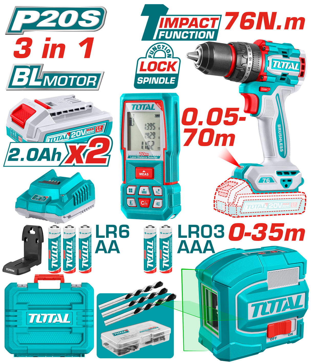 Kit scule TOTAL 20V – Masina de gaurit cu impact, Nivela laser verde si Telemetru laser 70 m, 1, atomico.ro
