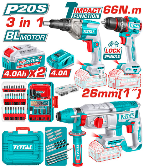 Ciocan Rotopercutor, Kit scule TOTAL 20V – Masina de gaurit cu impact, Surubelnita cu opritor si Ciocan rotopercutor (INCLUDE 2 ACUMULATORI , 1 INCARCATOR), atomico.ro