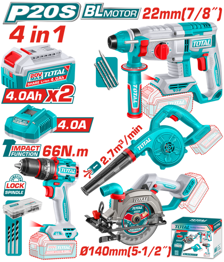 Masini de Gaurit/ Insurubat - Bormasini, Kit combo TOTAL 20V cu Masina de gaurit, Ciocan rotopercutor, Fierastrau circular si Suflanta (INCLUDE 2 ACUMULATORI , 1 INCARCATOR), atomico.ro