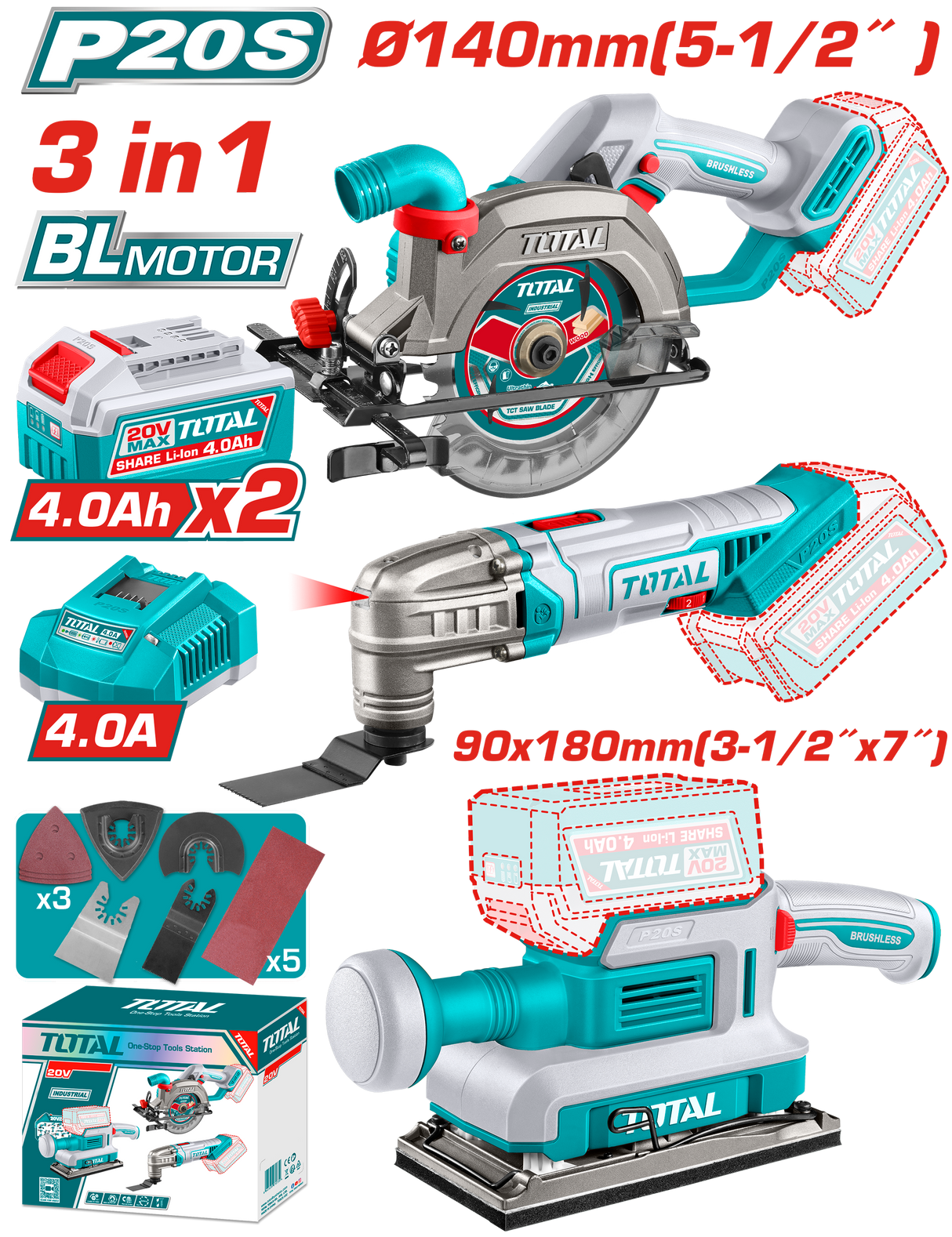 Kit combo TOTAL 20V cu Fierastrau circular, Unealta multifunctionala si Slefuitor, 1, atomico.ro