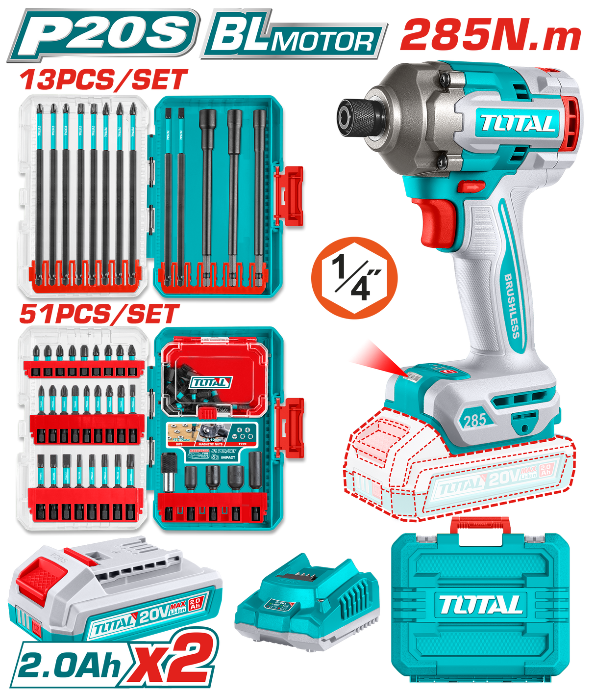 Masina de insurubat cu impact TOTAL 20V, 285 Nm, 64 biti impact inclusi (INCLUDE 2 ACUMULATORI SI 1 INCARCATOR), 1, atomico.ro