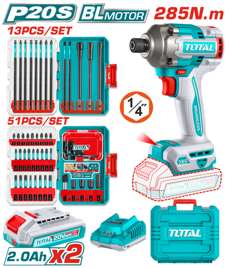 Pistoale de impact, Masina de insurubat cu impact TOTAL 20V, 285 Nm, 64 biti impact inclusi (INCLUDE 2 ACUMULATORI SI 1 INCARCATOR), atomico.ro
