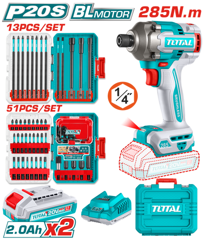Masina de insurubat cu impact TOTAL 20V, 285 Nm, 64 biti impact