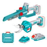 Kit gradinarit TOTAL 20V – Foarfeca electrica de crengi + Mini drujba (include 2 acumulatori si 1 incarcator)