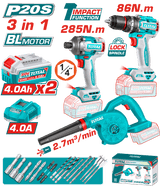 Kit combo TOTAL 20V cu Masina de gaurit cu percutie, Masina de insurubat cu impact si Suflanta