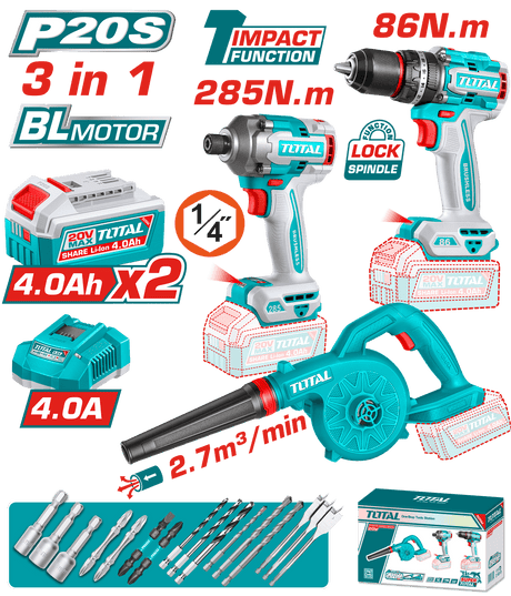 Pistoale de impact, Kit combo TOTAL 20V cu Masina de gaurit cu percutie, Masina de insurubat cu impact si Suflanta, 13, atomico.ro