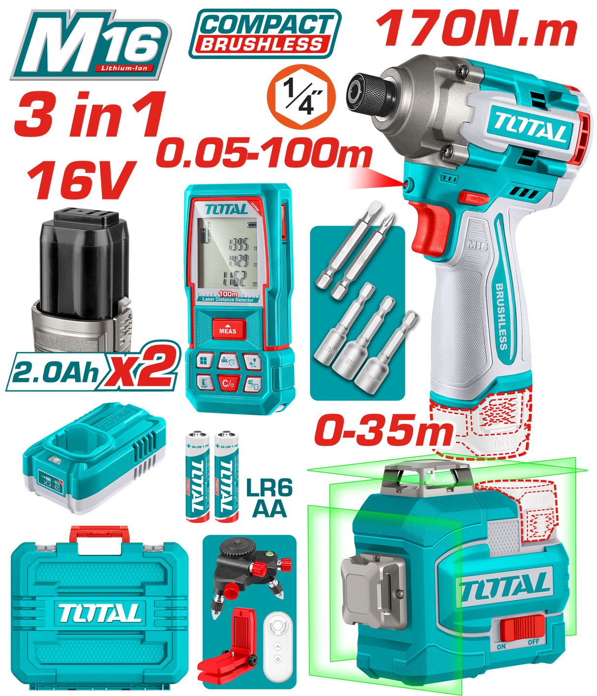 Kit combo TOTAL 16V – masina de insurubat, nivela laser 3D si telemetru laser, 13, atomico.ro
