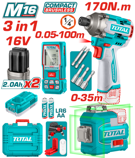 Rulete si telemetre, Kit combo TOTAL 16V – masina de insurubat, nivela laser 3D si telemetru laser, 13, atomico.ro