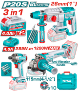 Kit Combo TOTAL 20V, Ciocan rotopercutor, Polizor unghiular, Masina de insurubat cu impact (include 2 acumulatori 4.0 Ah, incarcator si accesorii)