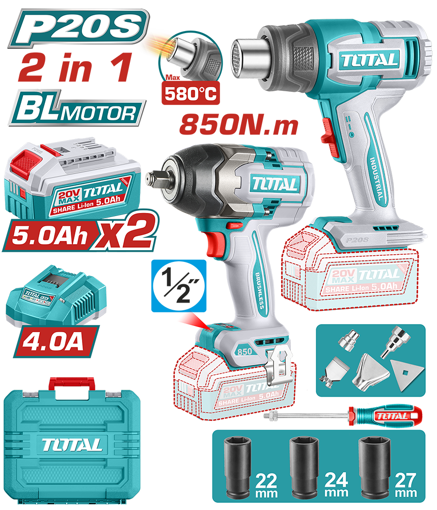 Kit combo TOTAL 20V, masina de insurubat cu impact Brushless 1000 Nm si suflanta cu aer cald, 2 acumulatori 5.0Ah, incarcator, 1, atomico.ro