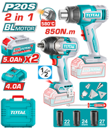 Kit combo TOTAL 20V, masina de insurubat cu impact Brushless 1000 Nm si suflanta cu aer cald, 2 acumulatori 5.0Ah, incarcator