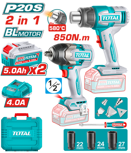 Masini de Gaurit/ Insurubat - Bormasini, Kit combo TOTAL 20V, masina de insurubat cu impact Brushless 1000 Nm si suflanta cu aer cald, 2 acumulatori 5.0Ah, incarcator, atomico.ro