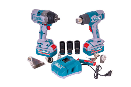 Scule electrice, Kit combo TOTAL 20V, masina de insurubat cu impact Brushless 1000 Nm si suflanta cu aer cald, 2 acumulatori 5.0Ah, incarcator, 1, atomico.ro