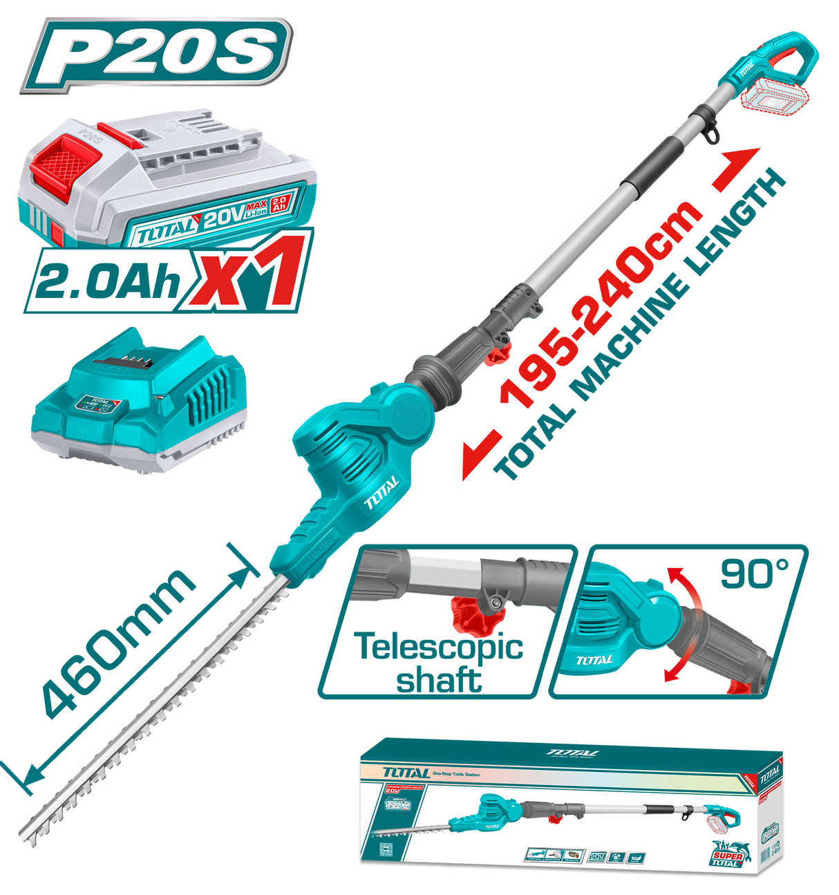 Trimmer pentru gard viu TOTAL 20V, lama 460 mm, extensibil 2.4 m, motor brushless, include acumulator si incarcator, 1, atomico.ro