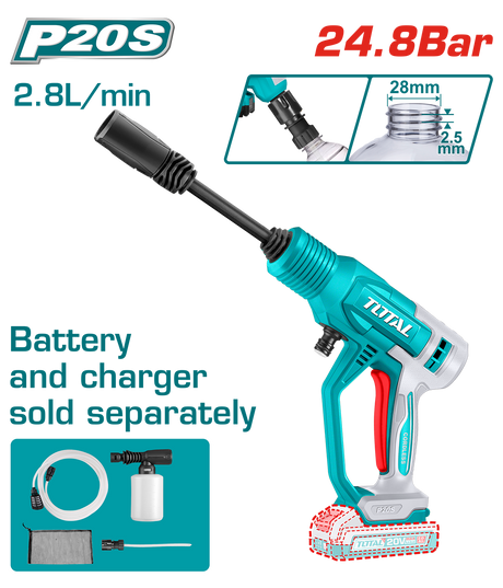Aparate de spalat cu presiune, Aparat de spalat cu presiune TOTAL 20V – Portabil, 24.8 Bar, Autoabsorbtie, Li-Ion, atomico.ro