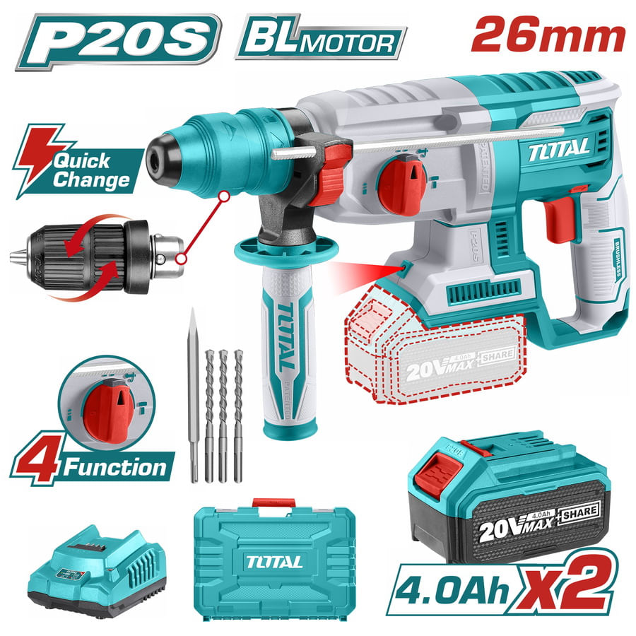 Ciocan rotopercutor pe acumulatori TOTAL, 2j, LI-ION, 20V, motor fara perii INDUSTRIAL, 6, atomico.ro