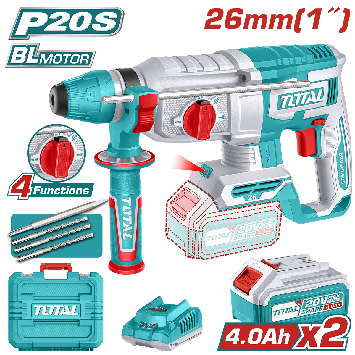 Ciocan Rotopercutor TOTAL 20V, 2.5J, Brushless, SDS Plus – Inclus 2 Acumulatori 4.0Ah + Incarcator, 2, atomico.ro