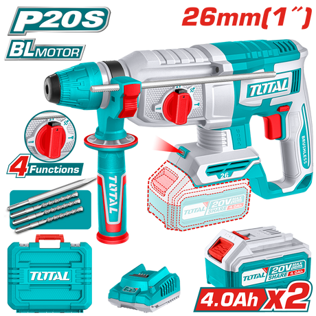 Ciocan Rotopercutor, Ciocan Rotopercutor TOTAL 20V, 2.5J, Brushless, SDS Plus – Inclus 2 Acumulatori 4.0Ah + Incarcator, 2, atomico.ro