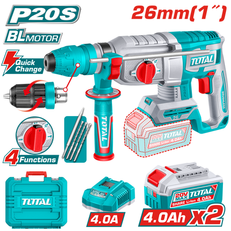 Ciocan Rotopercutor, Ciocan rotopercutor TOTAL 20V brushless, 2.5J, SDS Plus, cu 2 acumulatori, incarcator si accesorii, 2, atomico.ro