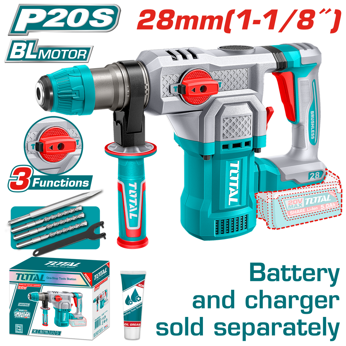 Ciocan rotopercutor TOTAL, Li-Ion 20V, 4.5 J, brushless, SDS Plus, fara acumulator si incarcator, 2, atomico.ro