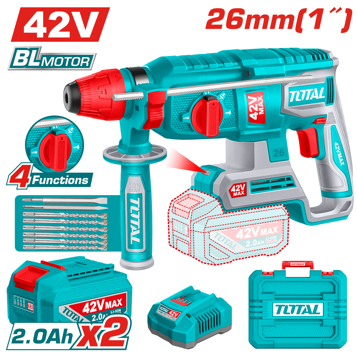 Ciocan rotopercutor TOTAL 42V, SDS Plus, 26 mm, 2.5 J, brushless (INCLUDE 2 ACUMULATORI, 1 INCARCATOR), 2, atomico.ro