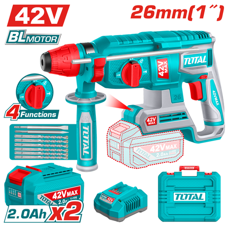Scule electrice, Ciocan rotopercutor TOTAL 42V, SDS Plus, 26 mm, 2.5 J, brushless (INCLUDE 2 ACUMULATORI, 1 INCARCATOR), 2, atomico.ro