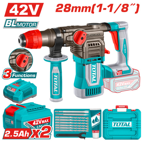 Ciocan Rotopercutor, Ciocan rotopercutor TOTAL 42V, 28 mm, SDS Plus, 4.5 J (INCLUDE 2 ACUMULATORI, 1 INCARCATOR), 3, atomico.ro