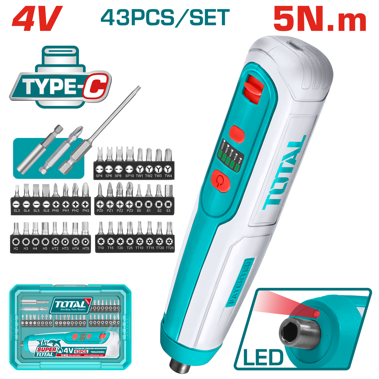 Surubelnita electrica TOTAL 4V, 1/4" HEX, 5 Nm, USB-C, set 42 biti inclusi, 7, atomico.ro