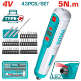 Surubelnita electrica TOTAL 4V, 1/4" HEX, 5 Nm, USB-C, set 42 biti inclusi
