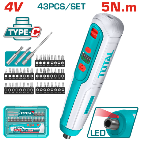 Scule TOTAL, Surubelnita electrica TOTAL 4V, 1/4" HEX, 5 Nm, USB-C, set 42 biti inclusi, 7, atomico.ro